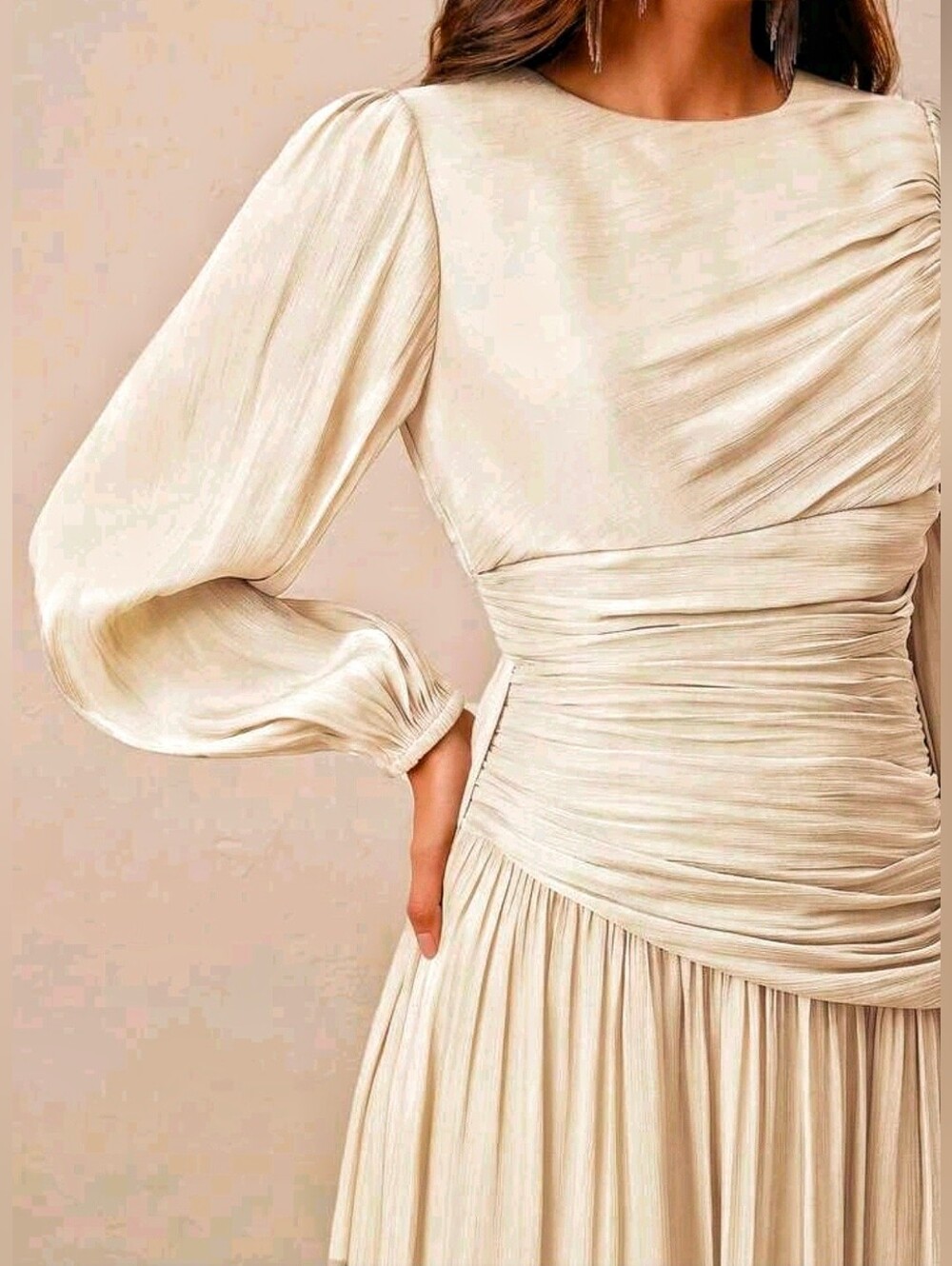 New Luxe Metallic Crinkle Ruched Waist Flared Maxi Dress Ivory Cream - Picture 3 of 10